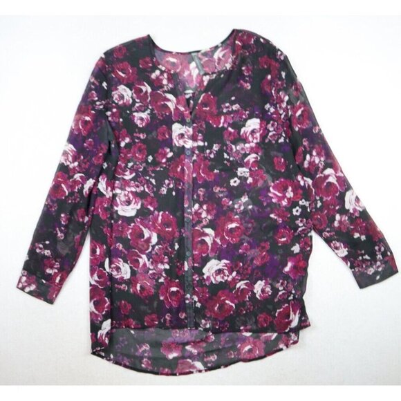 MASSINI - WOMEN'S BLACK & PURPLE SHEER PRINT LONG SLEEVE TUNIC TOP - SIZE L - Picture 2 of 9